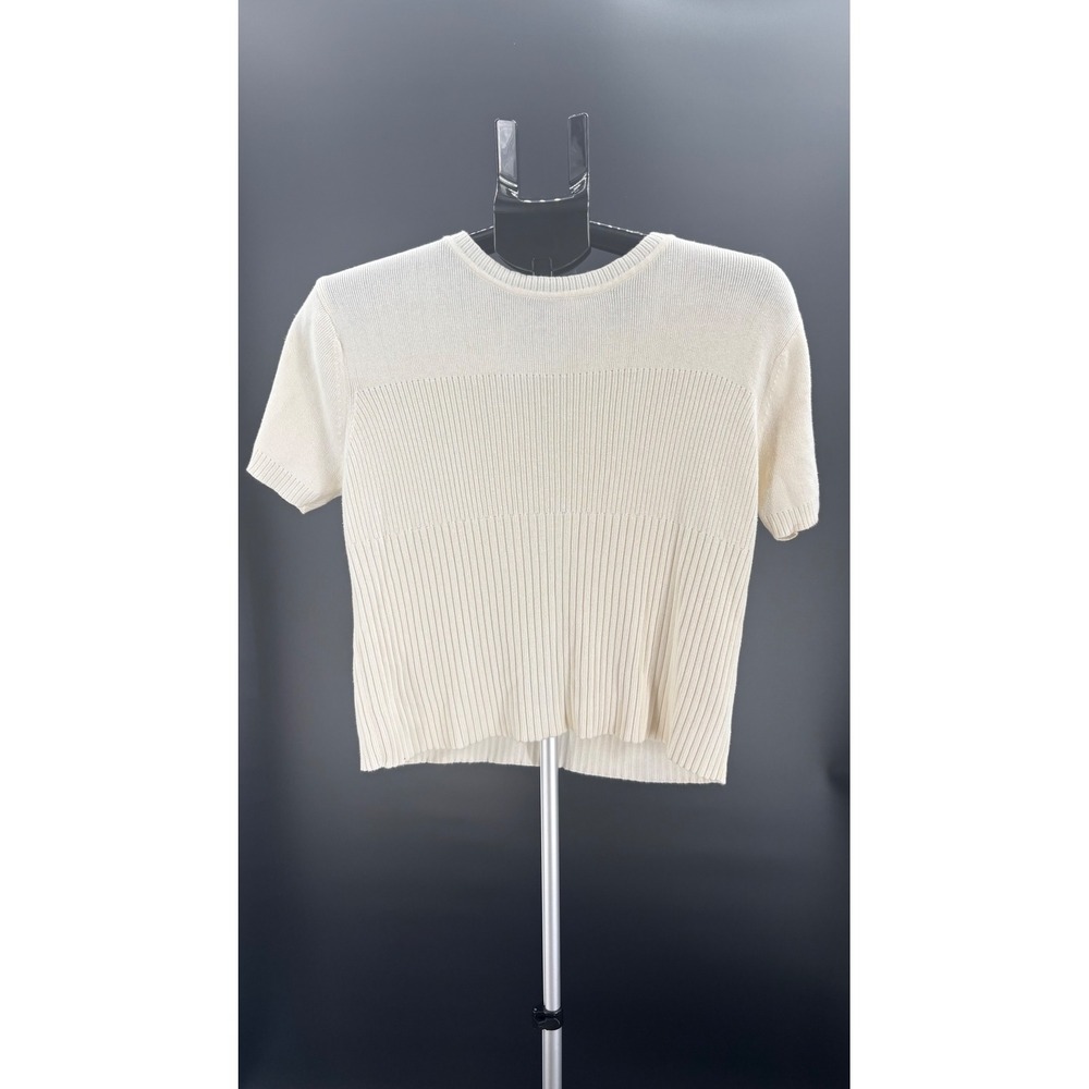 Lizsport Petite Cream Ribbed Short Sleeve Cotton Knit Sweater Top Women Size PS